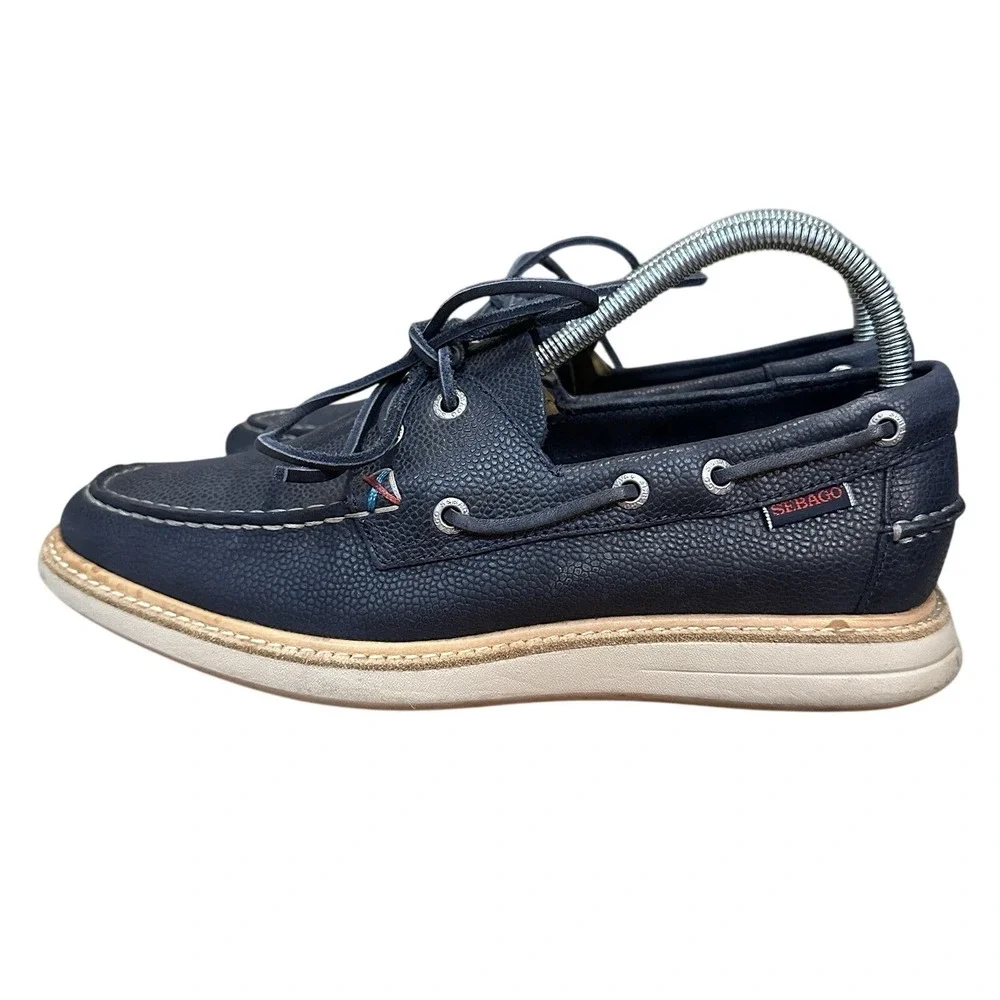 Sebago Smyth Two Eye Navy Leather Boat Shoes Mens 7.5M Pebbled Loafer Nautical